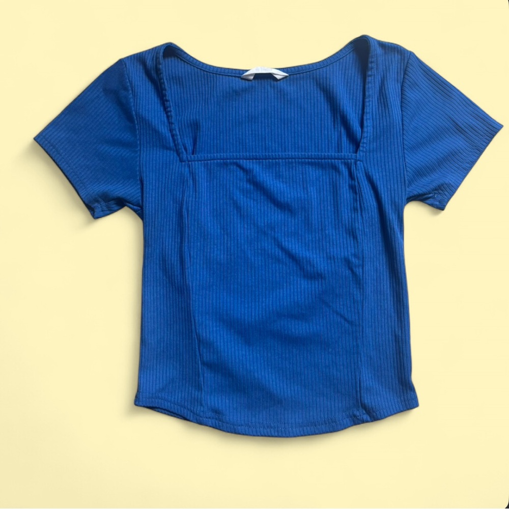 BB Dakota Steve Madden Royal Blue Ribbed Square-Neck Short Sleeve Top